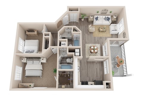 Floor plan for 2 beds, 2 baths, 965 sqft